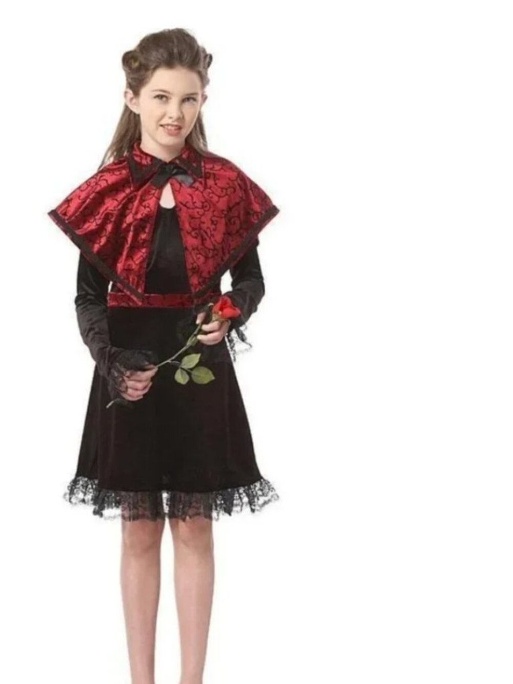 Vampire Royal Vamp Halloween Costume 12/14 Black Red Dress, Cape & Belt Girls